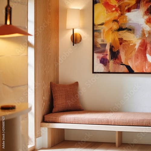 Cozy Seating Area With Modern Art in Warm-Toned Interior Space During the Day