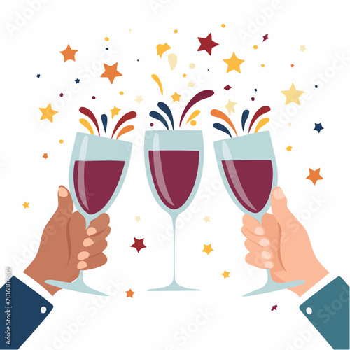 Celebration Toast with Wine Glasses and Confetti