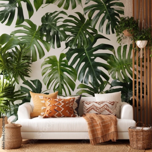 Cozy Living Room With Plants and a White Sofa in Front of a Leafy Wall Design