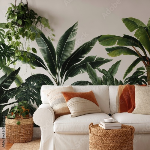 Cozy Living Room With Plants and a White Sofa in Front of a Leafy Wall Design