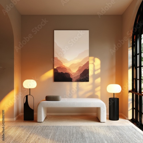 Cozy Space With Modern Design, Warm Lighting, and Mountain Artwork at Sunset