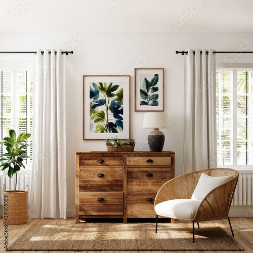 Modern Wooden Dresser With Plants and Artwork in Cozy Living Room