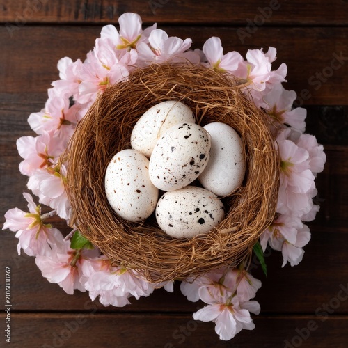 Nest With Speckled Eggs Surrounded by Pink Flowers on a Wooden Surface