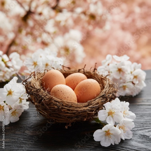 Nest With Speckled Eggs Surrounded by Pink Flowers on a Wooden Surface