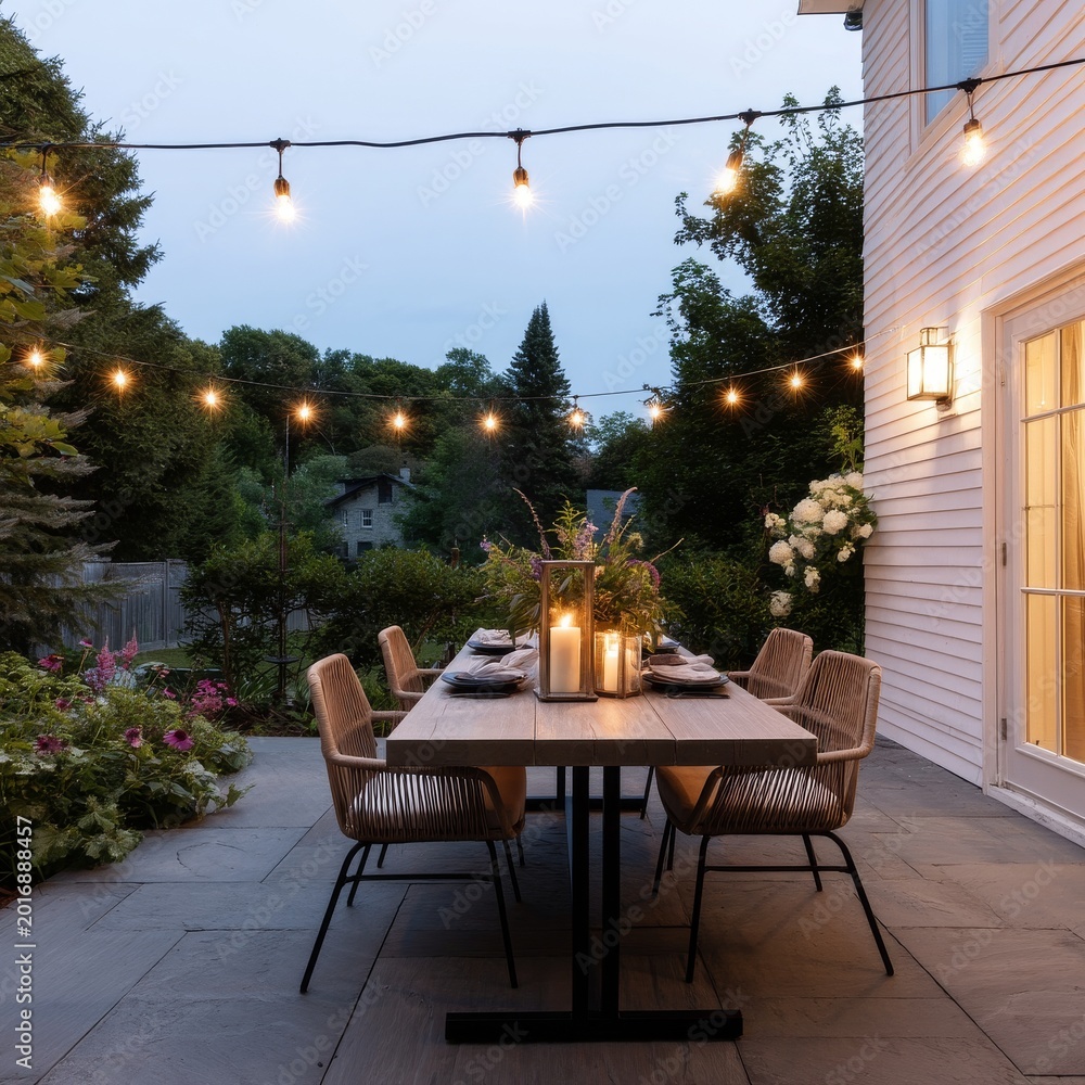 Fototapeta premium Outdoor Dining Setup With String Lights and Flowers at Night in a Garden Setting