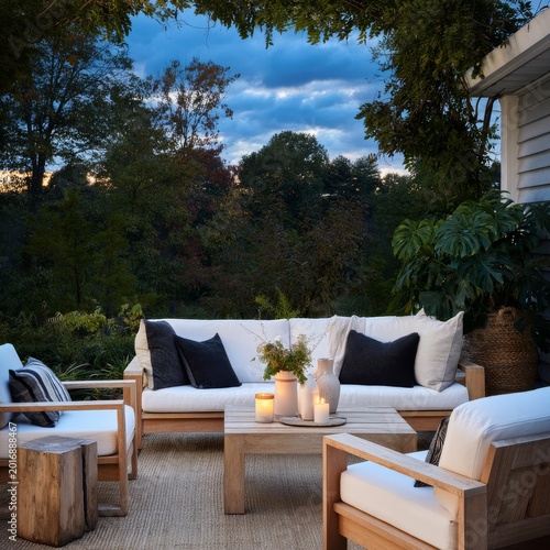 Outdoor Seating Area at Dusk With Wooden Furniture and Plants in a Garden