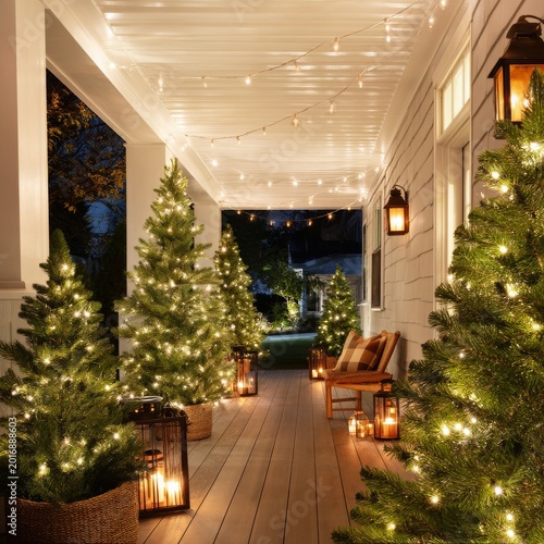 Decorated Porch With Christmas Trees and Lights During the Night in a Residen...