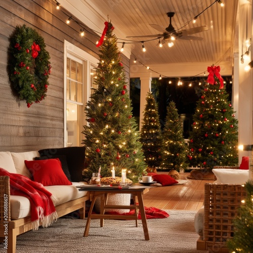 Decorated Porch With Christmas Trees and Lights During the Night in a Residen...