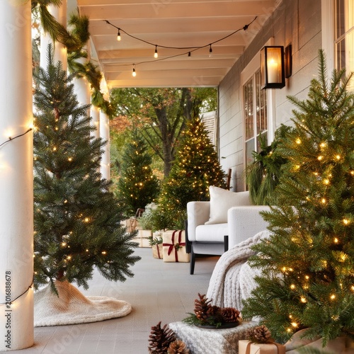 Christmas Lights and Trees Decorate a Porch for the Holiday Season in a Cozy ...