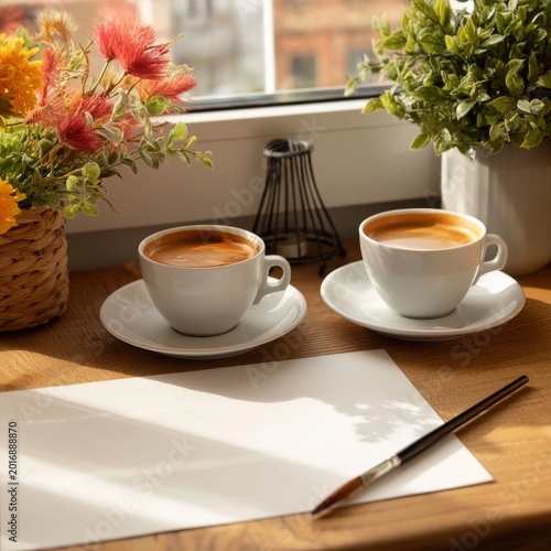 Morning Coffee Time With Cups and Plants on a Table by a Window
