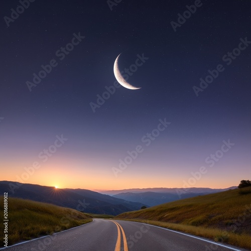 Moonrise Over a Winding Road in the Mountains During Dusk