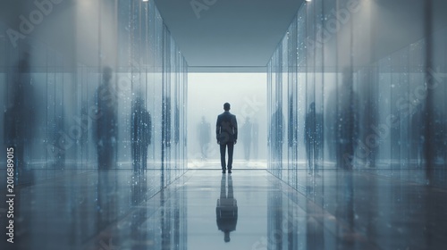 A lone man stands in a corridor surrounded by translucent walls, embodying solitude in a futuristic, ethereal setting.
