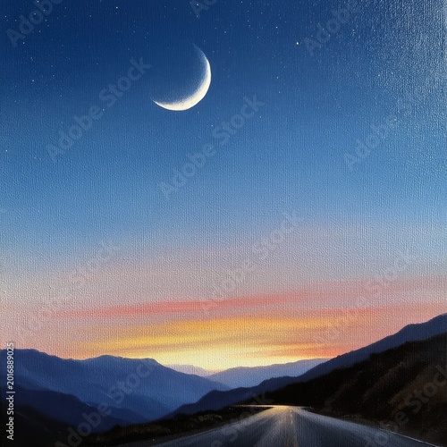 Moonrise Over a Winding Road in the Mountains During Dusk