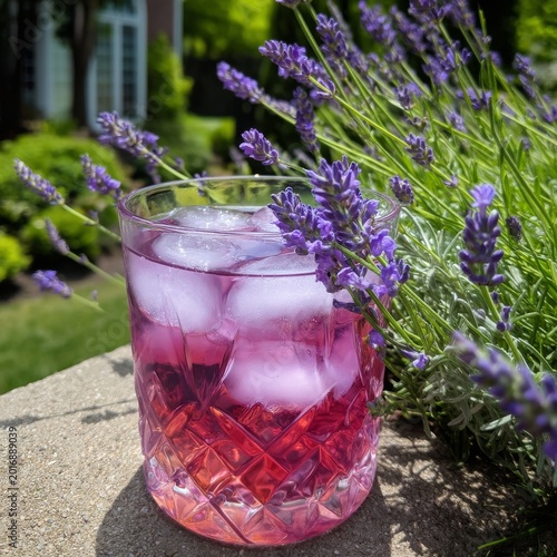 Refreshing Drink Beside Lavender Flowers in a Garden on a Sunny Day