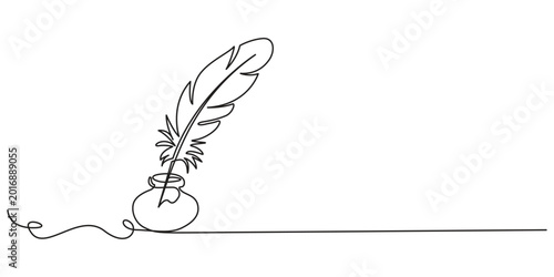 Fotografie Retro inkwell and feather continuous one line drawing, One continuous line drawing of a quill pen in an inkwell against a clean white backdrop, continuous line classic quill pen