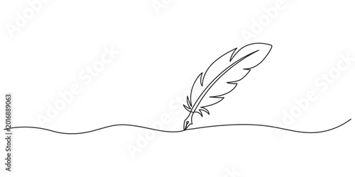 Foto Retro inkwell and feather continuous one line drawing, One continuous line drawing of a quill pen in an inkwell against a clean white backdrop, continuous line classic quill pen