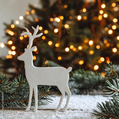 Reindeer Figurine Stands on Snow With Festive Lights in the Background During...
