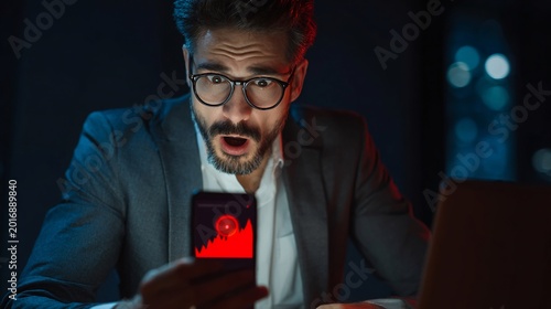 A surprised middle-aged man in a suit looks at his smartphone with wide eyes, illuminated by a red screen glow.