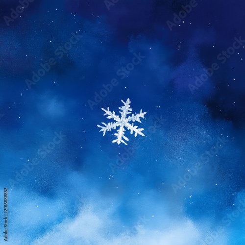 Snowflake Falls Through Night Sky Filled With Stars Over Soft, Cloudy Background
