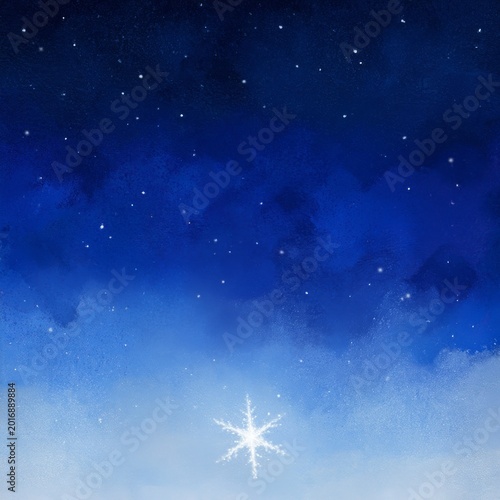Snowflake Falls Through Night Sky Filled With Stars Over Soft, Cloudy Background