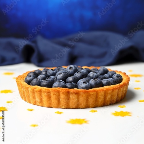 Blueberry Tart Placed on a Table With Yellow Flowers and a Dark Blue Cloth in...