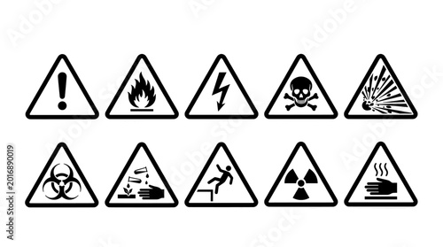Collection of hazard warning signs with attention flammable electric