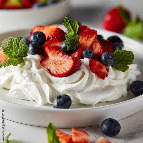 Delicious Dessert With Whipped Cream, Strawberries, Blueberries, and Mint on ...