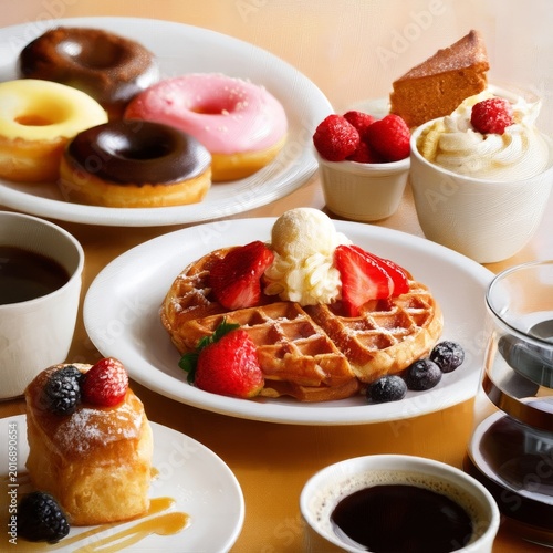 Various Desserts and Coffee Served at a Breakfast Table in a Cafe