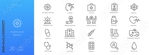 Obraz na plátne 20 Healthcare and Medical Line Icons Set for Hospital and Clinic Services