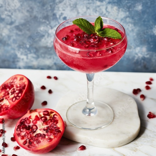 Pomegranate Drink Served in Glass With Mint on Marble Surface