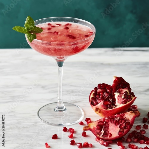 Pomegranate Drink Served in Glass With Mint on Marble Surface