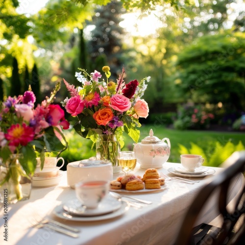 Beautiful Table Setup for Afternoon Tea With Flowers and Cookies in a Garden ...