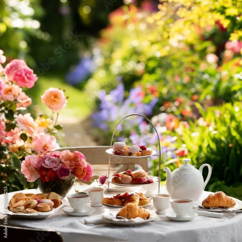 Beautiful Table Setup for Afternoon Tea With Flowers and Cookies in a Garden ...