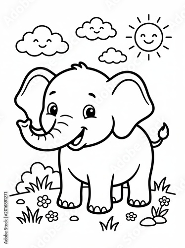 Happy cartoon elephant in field.