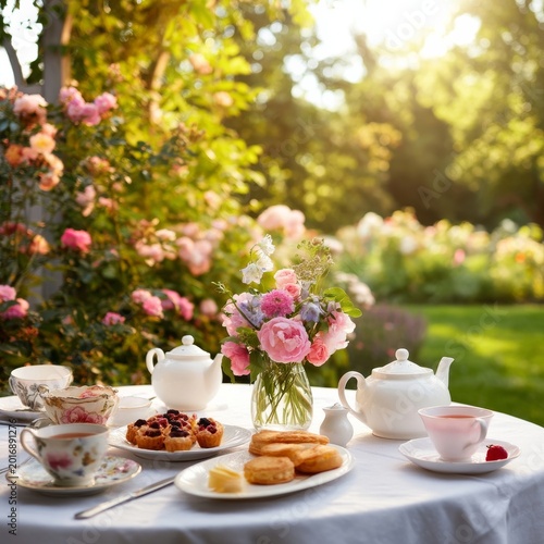 Tea Time in a Garden With Flowers and Treats During Afternoon Light