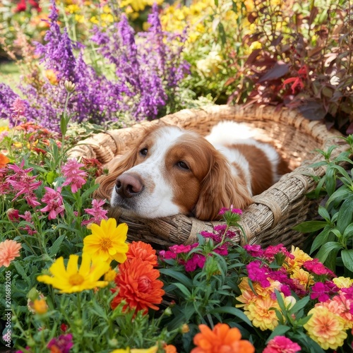 Dog Relaxes in a Basket Surrounded by Colorful Flowers in a Garden During Day...