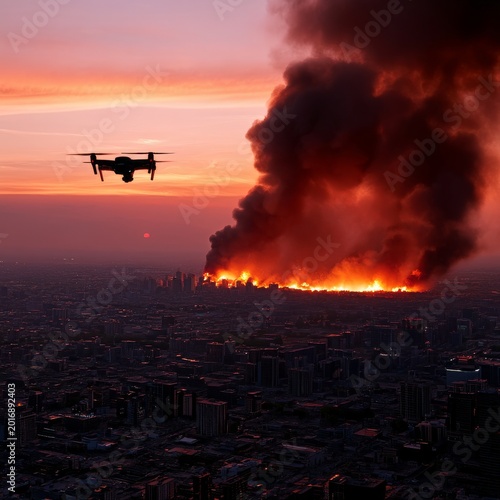 Fire Engulfs City Skyline at Sunset While Drone Captures Scene From Above
