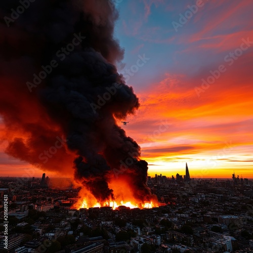 Fire Engulfs City Skyline at Sunset While Drone Captures Scene From Above