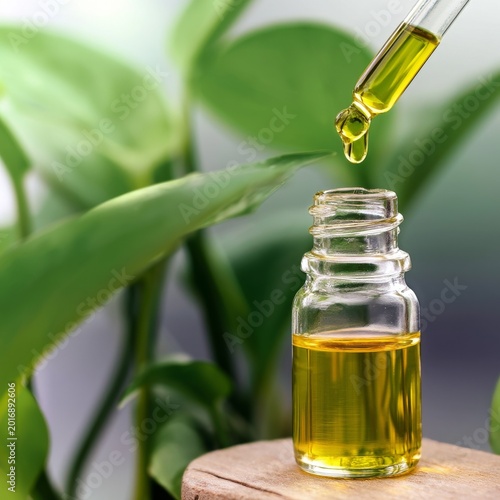 Plant Oil Drops Into Small Glass Bottle in Natural Setting With Green Leaves