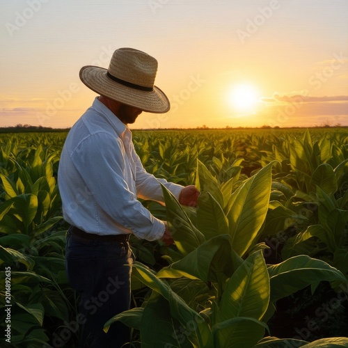 Farmer Works in Tobacco Field During Sunset Near a Rural Area With Clear Sky