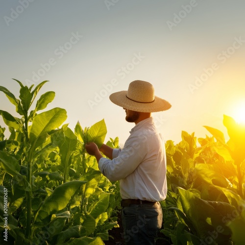 Farmer Works in Tobacco Field During Sunset Near a Rural Area With Clear Sky