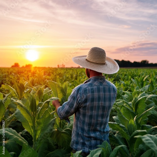 Farmer Inspects Plants at Sunset in Tobacco Field With Golden Light Shining T...