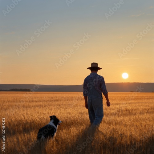 Farmer Walks Through Field With Dog at Sunset Near Trees and Horizon