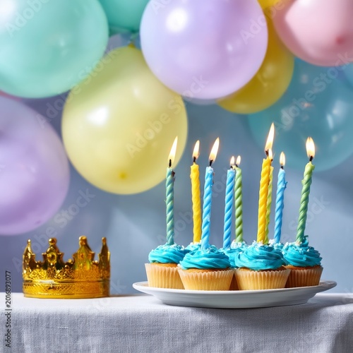 Birthday Celebration With Cupcakes and Colorful Balloons in a Festive Setting