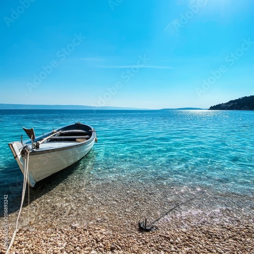 Clear Blue Water and a Small Boat on the Shoreline With Sunlight Shining Over...