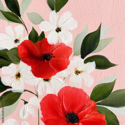 Bright Red Poppies and White Flowers on a Pink Background in a Painting