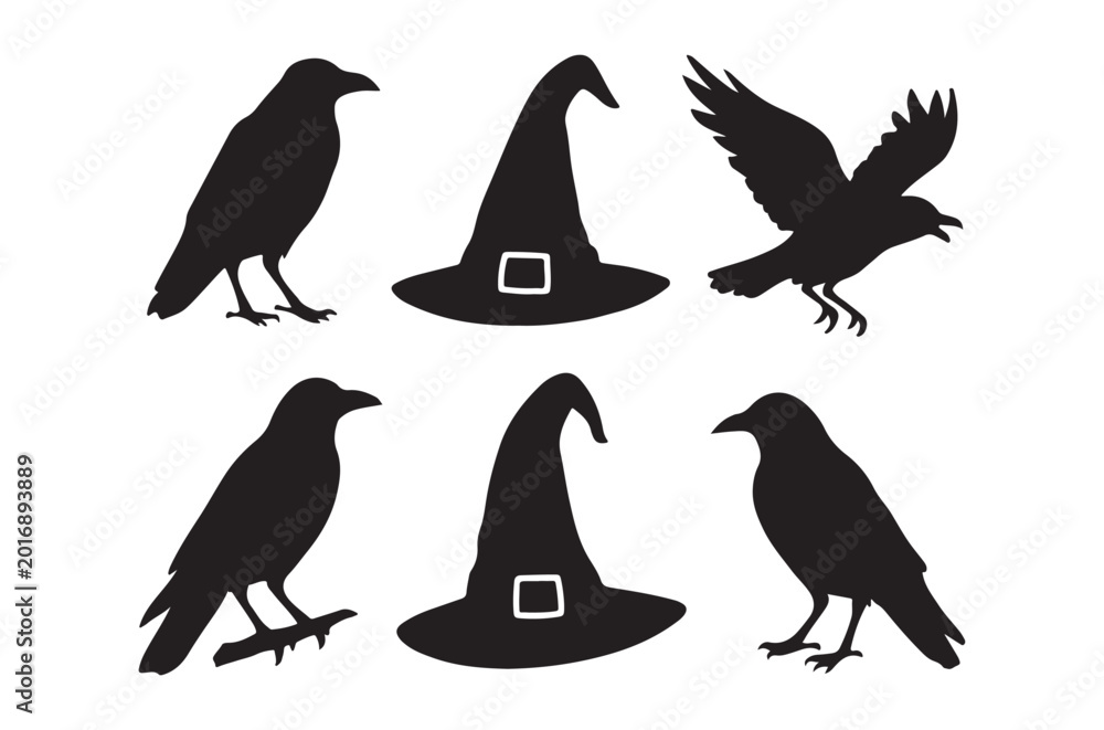 Fototapeta premium Raven silhouettes and witch hats black vector illustration on white background