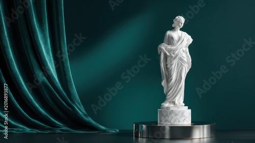 White marble statue stands on a circular base with green curtain in background at a gallery showing light in afternoon