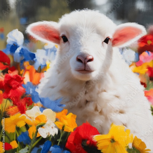 White Lamb Standing Among Colorful Flowers in a Sunny Field During Spring