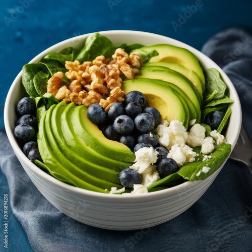 Fresh Spinach Salad With Blueberries and Avocado in a Simple Bowl on a Dark T...